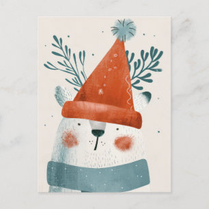 Polar Bear Tragen Weihnachtsmannmütze Minimalistis Postkarte