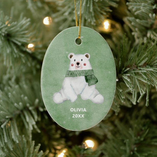 Polar Bear trägt grüne Scarf Weihnachten Keramik Ornament (Baum)