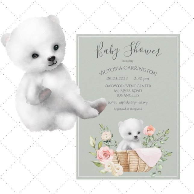 Polar Bear Watercolor Sage Green Baby Dusche Invit Einladung (Von Creator hochgeladen)