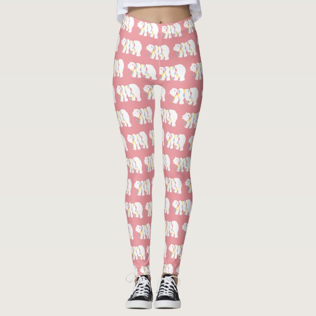 Polar Bear Weihnachtsbeleuchtung Muster Rosa Feier Leggings (Vorderseite)