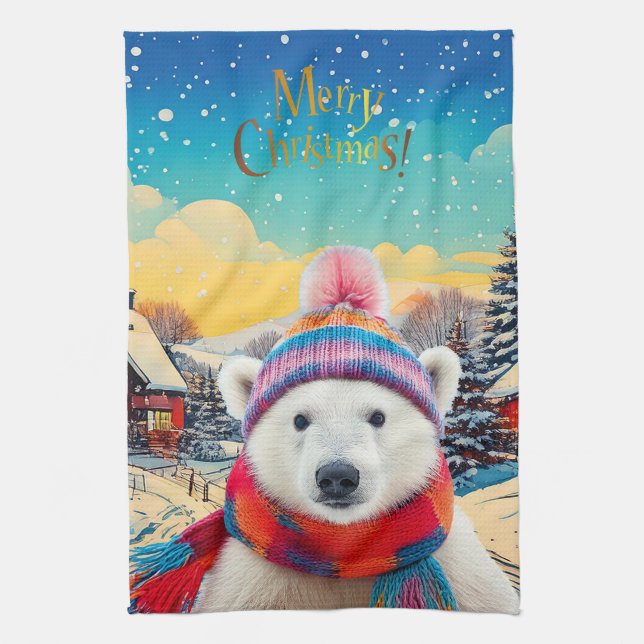Polar Bear Weihnachtsmannmütze und Schal Frohe Wei Geschirrtuch (Vertikal)