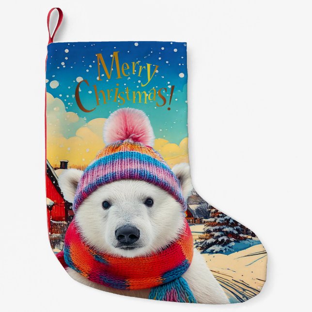 Polar Bear Weihnachtsmannmütze und Schal Frohe Wei Kleiner Weihnachtsstrumpf (Vorderseite)