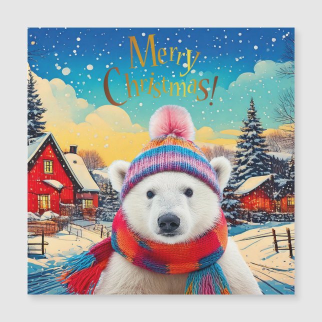 Polar Bear Weihnachtsmannmütze und Schal Frohe Wei Magnetkarte (Vorderseite)