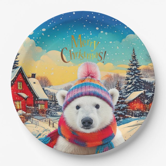 Polar Bear Weihnachtsmannmütze und Schal Frohe Wei Pappteller (Vorderseite)