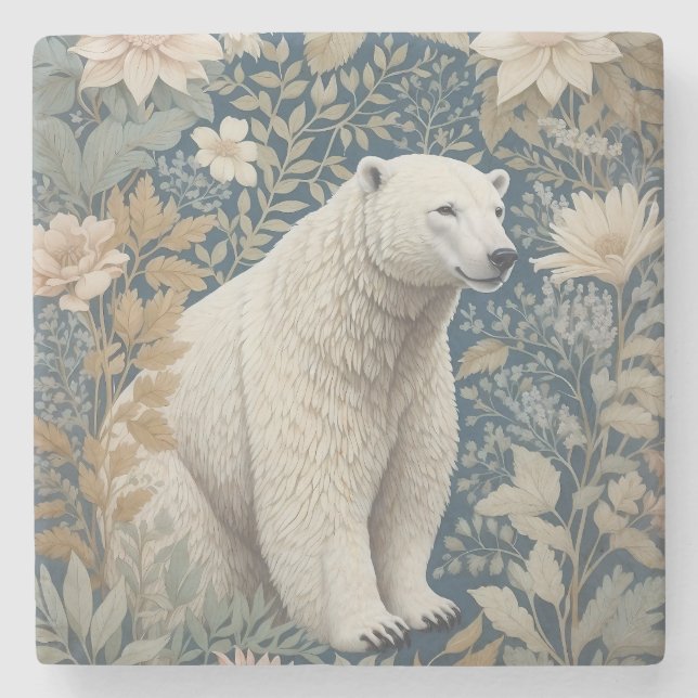 Polar Bear William Morris Inspiriert floral Steinuntersetzer (Vorderseite)