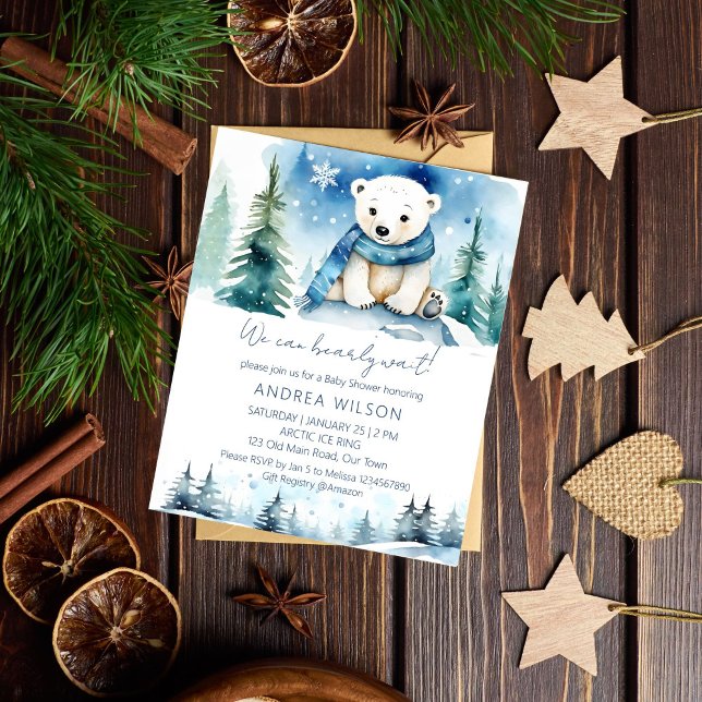 Polar bear winter baby Dusche Budget Einladung (Polar bear winter baby shower budget invitation cute white teddy bear with a scarf winter wonderland)