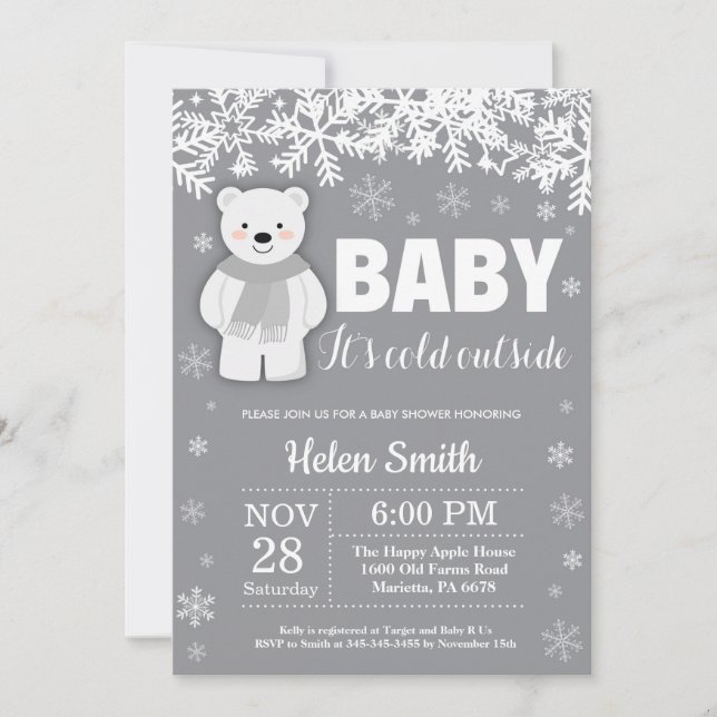 Polar Bear Winter Baby Shower Snowflake Einladung (Vorderseite)