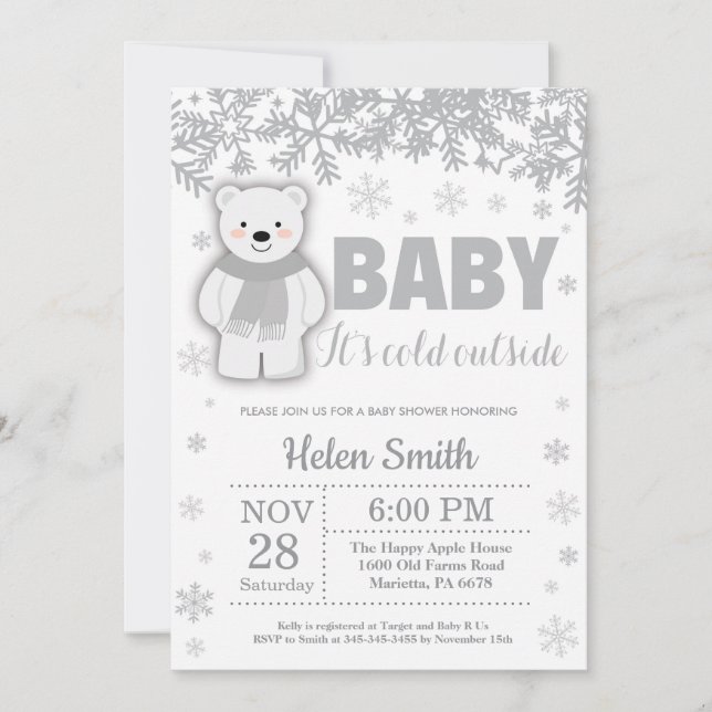 Polar Bear Winter Baby Shower Snowflake Einladung (Vorderseite)