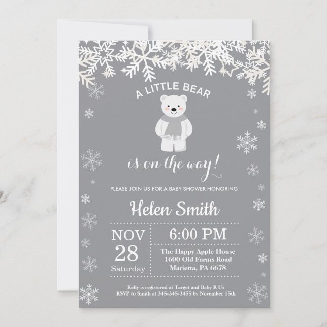 Polar Bear Winter Baby Shower Snowflake Einladung (Vorderseite)