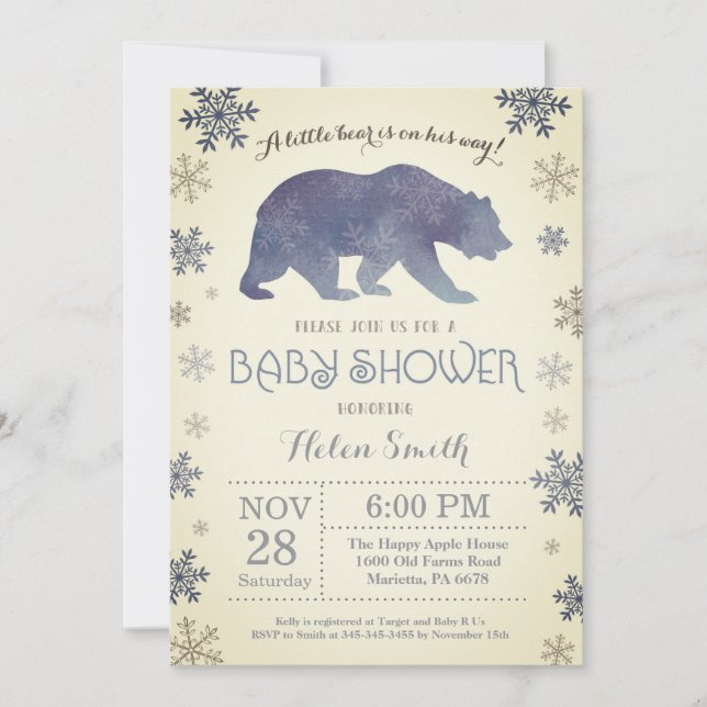 Polar Bear Winter Blue Boy Baby Showflake Einladung (Vorderseite)