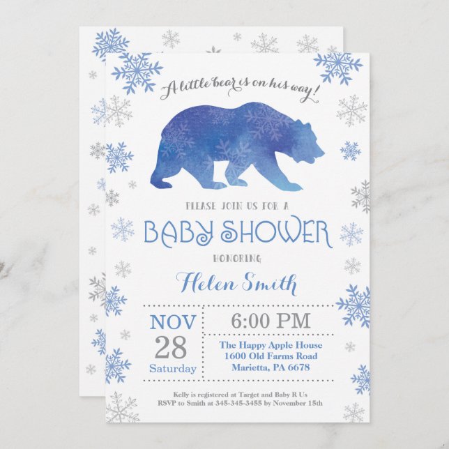 Polar Bear Winter Blue Boy Babydusche Schneeflocke Einladung (Vorne/Hinten)
