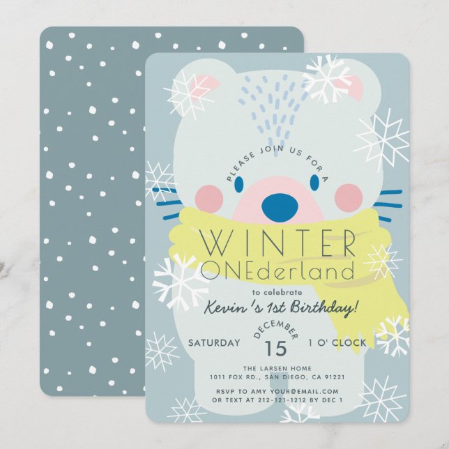 Polar Bear Winter Onederland Blue 1. Geburtstag Einladung (Vorne/Hinten)
