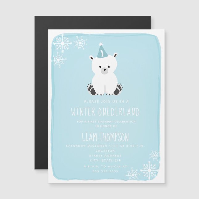 Polar Bear Winter Onederland Blue 1. Geburtstag Magneteinladung (Vorne/Hinten)