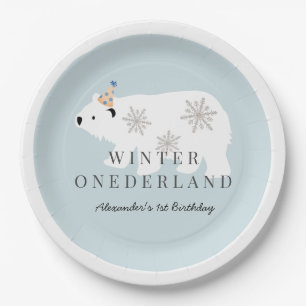 Polar Bear Winter Onederland Blue Birthday Pappteller