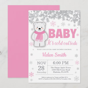 Polar Bear Winter Pink Girl Babydusche Schneeflock Einladung