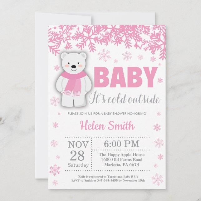 Polar Bear Winter Pink Girl Babydusche Schneeflock Einladung (Vorderseite)
