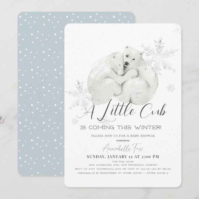 Polar Bear Winter Snowflake Blue Boy Baby Dusche Einladung (Vorne/Hinten)