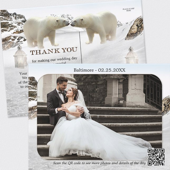 Polar Bear Winter Wedding Foto Danke Postcard Postkarte (Von Creator hochgeladen)