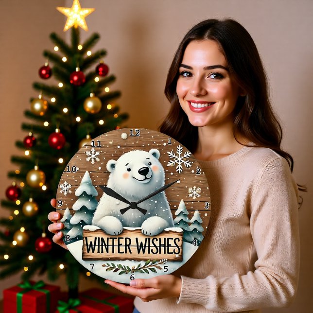 Polar Bear Winter Wishes Große Wanduhr (Von Creator hochgeladen)