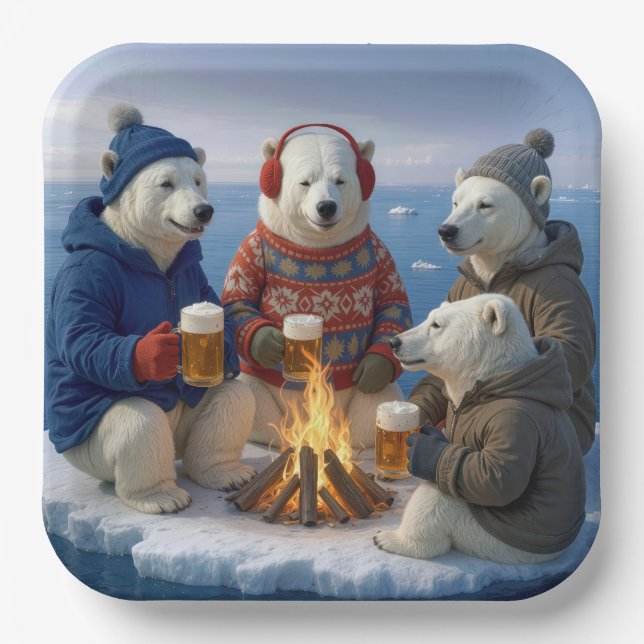 Polar Bears Drinking Around a Campfire  Pappteller (Vorderseite)