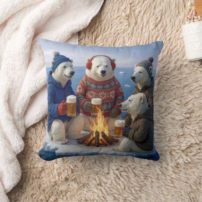 Polar Bears Drinking Beer Around a Campfire  Kissen (Decke)