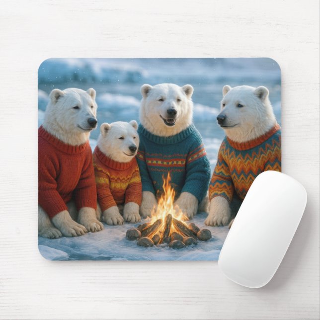 Polar Bears Gathering Around a Bonfire Mousepad (Mit Mouse)
