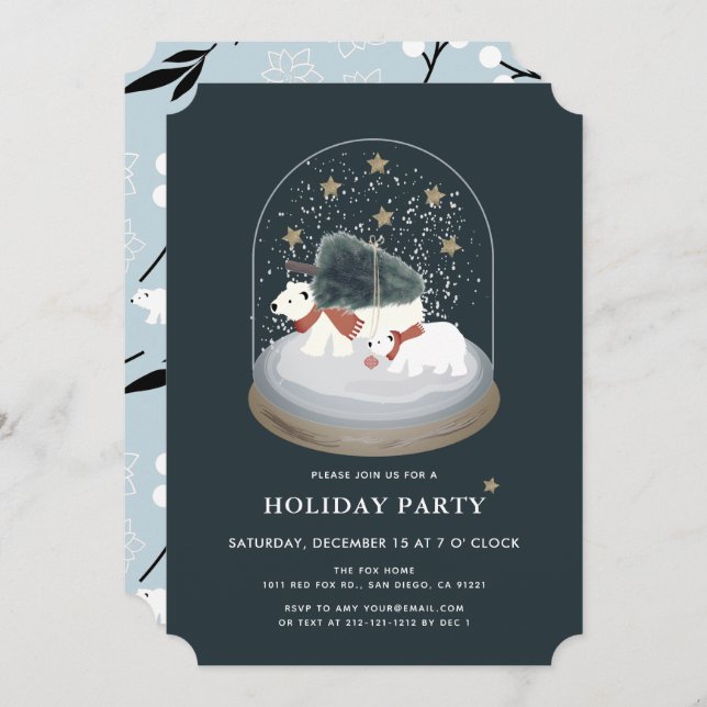 Polar Bears Snow Globe Navy Blue Holiday Party Einladung (Vorne/Hinten)