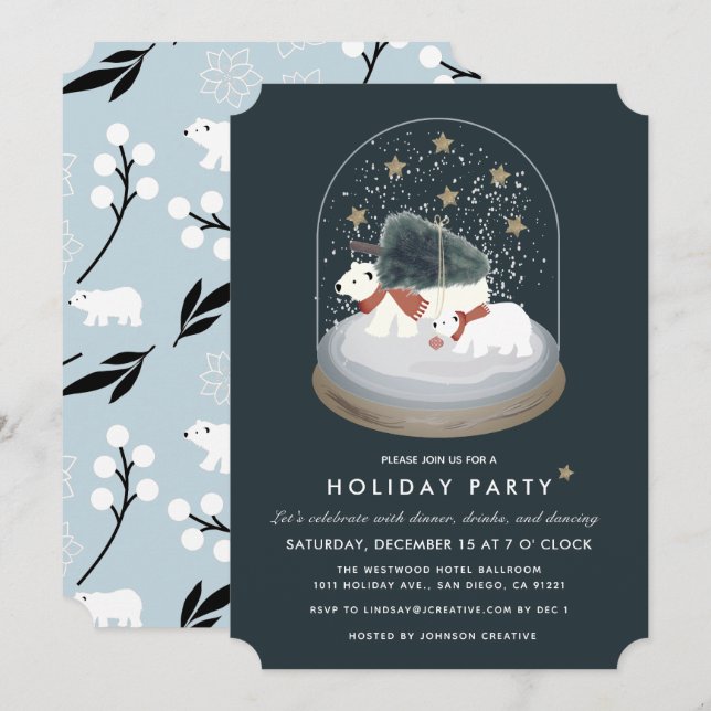 Polar Bears Snow Globe Navy Business Holiday Party Einladung (Vorne/Hinten)