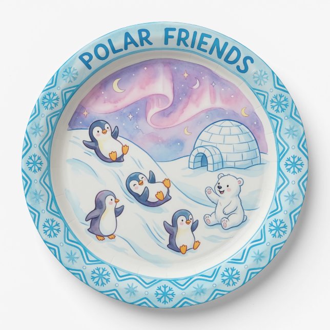 "Polar Friends" Süße Pinguine & Eisbär Teller (Vorderseite)