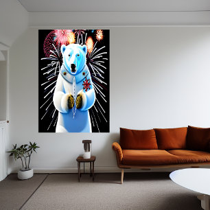 Polarbär in Uniform und Feuerwerk   Art der AI Poster