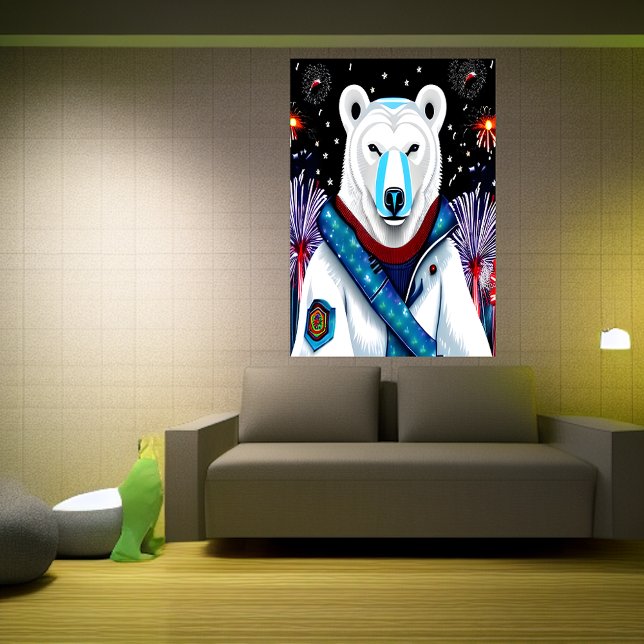 Polarbär in Uniform und Feuerwerk | Art der AI Poster (Von Creator hochgeladen)