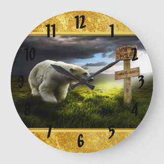 Polarbär mit Blick auf das nordpolnische Holzschil Große Wanduhr