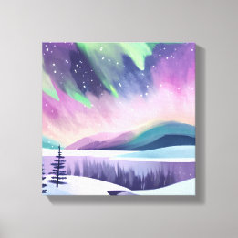 Polarlichter Farbige Winternacht | Aquarell Leinwanddruck