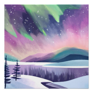 Polarlichter Farbige Winternacht   Aquarell Poster