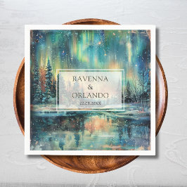 Polarlichter See Wald Nacht Himmel Hochzeit Serviette