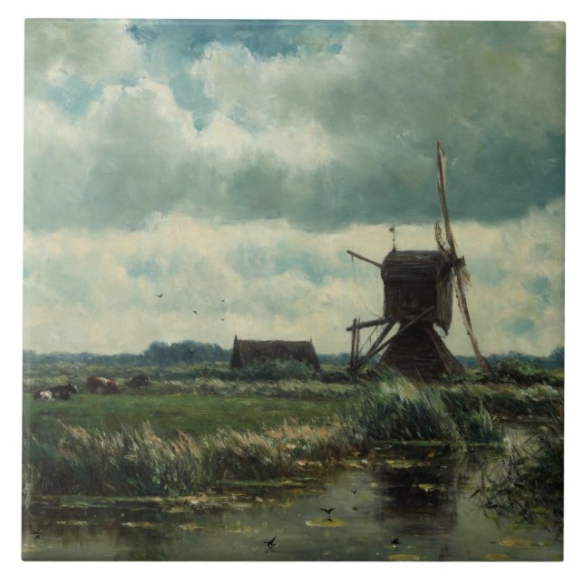 Polderlandschaft mit Windmühle, Willem Roelofs Fliese (Vorderseite)