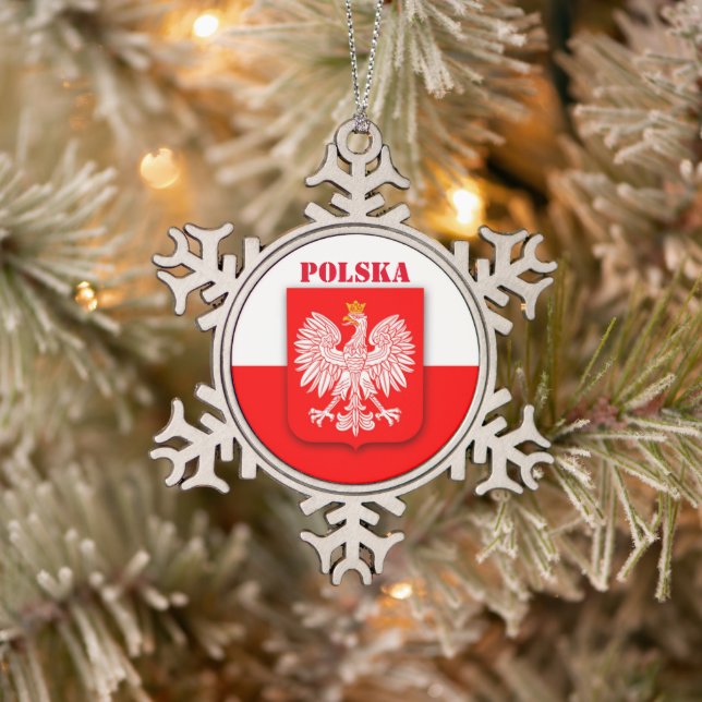 Polen Flaggenemblem Erbe Patriotic Polska Schneeflocken Zinn-Ornament (Baum)