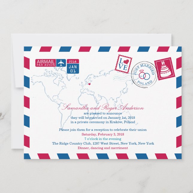POLEN Red Blue Airmail Post Wedding Einladung (Vorderseite)