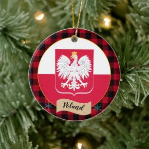 Polen, rotes Büffel, karierte und polnische Flagge Keramik Ornament