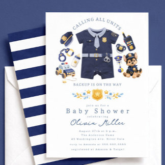 Police Baby Shower Invitation Blue Stripe Einladung