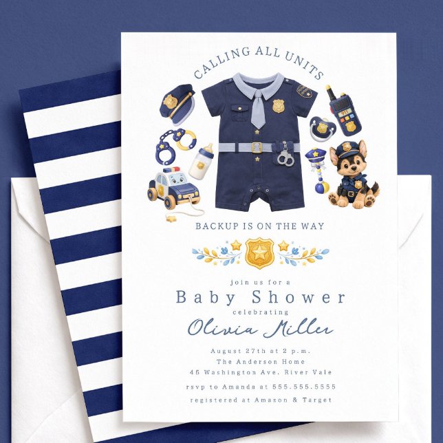 Police Baby Shower Invitation Blue Stripe Einladung (Von Creator hochgeladen)