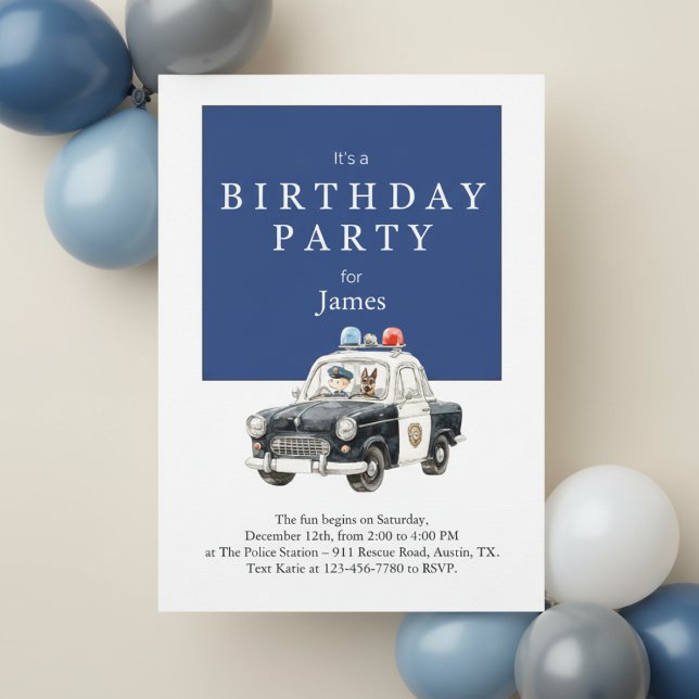 Police Car Birthday Invitation • Boy Party Invite Einladung (Watercolor police birthday invitation on beige surface with blue balloon decor in background)