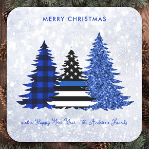 Police Christmas Blue Karierter Glitzer Tree Festl Quadratischer Aufkleber