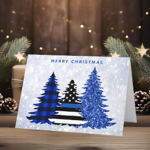 Police Christmas Glitzer Kariert Thin Blue Line Tr Feiertagskarte