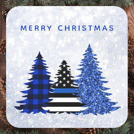 Police Christmas Thin Blue Line Glitzer Karierter  Quadratischer Aufkleber