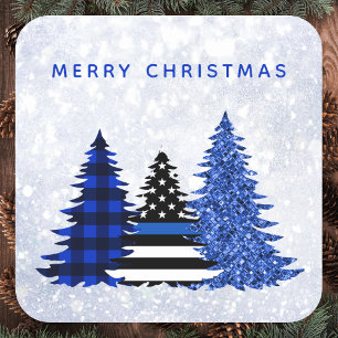 Police Christmas Thin Blue Line Glitzer Karierter  Quadratischer Aufkleber