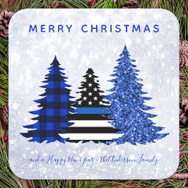 Police Christmas Thin Blue Line Karierter Glitzer  Quadratischer Aufkleber