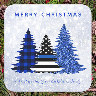 Police Christmas Thin Blue Line Karierter Glitzer  Quadratischer Aufkleber