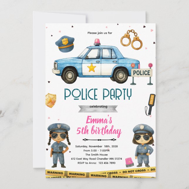 Police girl party theme invitation einladung (Vorderseite)