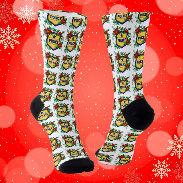 Police Merry Christmas Shield with Poinsettia  Socken (Von Creator hochgeladen)